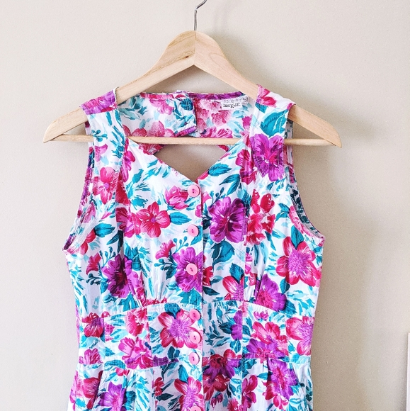 90s purple green floral button up dress - Picture 2 of 9